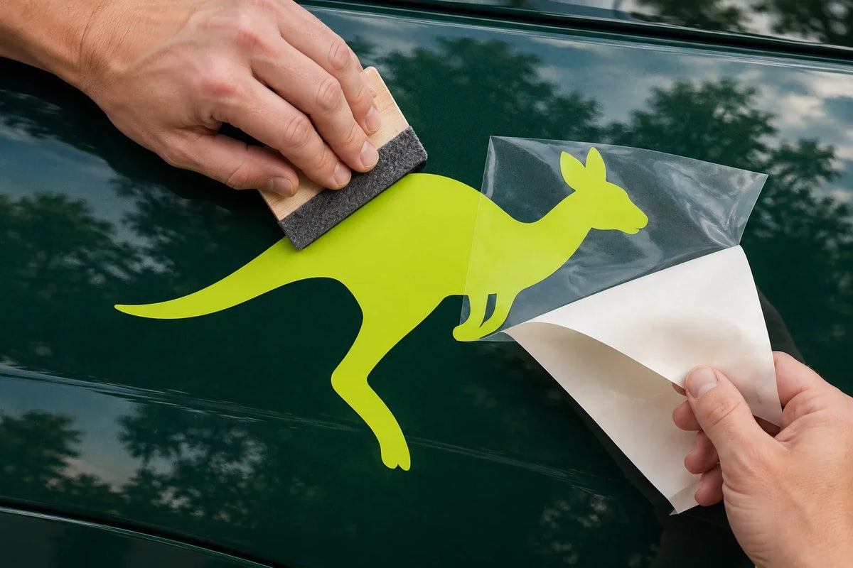 Hands applying a lime green kangaroo vinyl decal to a dark green car panel with a felt squeegee while peeling back the transfer tape