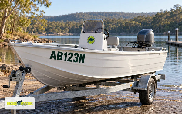 Aluminium boat on a trailer at a boat ramp with a large dark registration number on the forward hull and a round fishing club sticker on the console