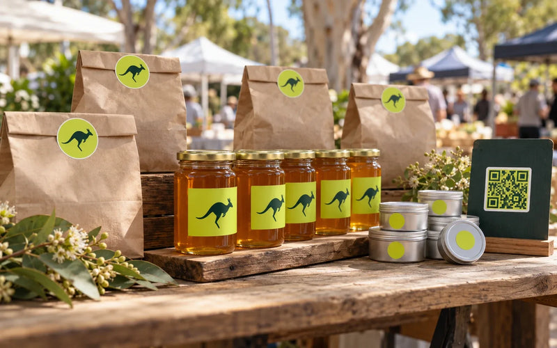 Market stall table with paper bags sealed with round kangaroo logo stickers, honey jars with lime green labels, tins with price dot stickers and a QR code sign