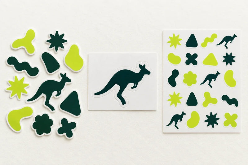 Three kinds of vinyl sticker on white paper: loose die cut shapes, a kangaroo kiss cut sticker on its backing sheet, and a sticker sheet of small lime and green shapes