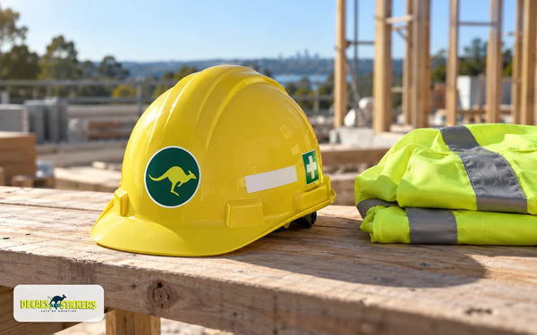 Yellow hard hat on a worksite bench with a round kangaroo logo sticker, a white name strip and a green first aid cross sticker, beside folded hi-vis