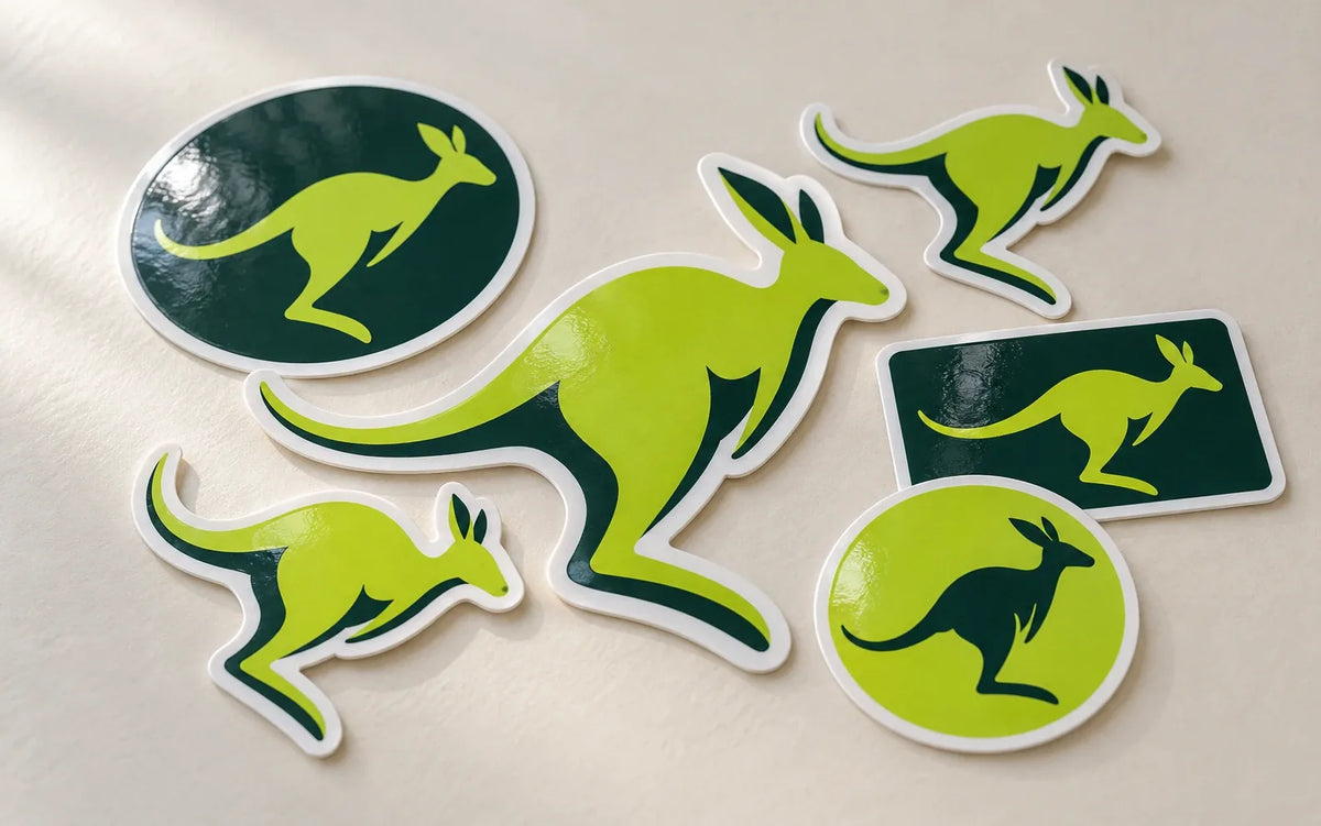 Glossy vinyl kangaroo stickers in lime green and dark green: die cut shapes, circles, an oval and a rectangle with white borders