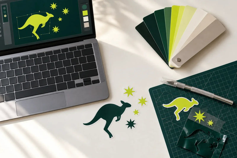 Designer's desk with a laptop showing kangaroo vector artwork, a colour swatch fan, a cutting mat, a craft knife and freshly cut vinyl stickers