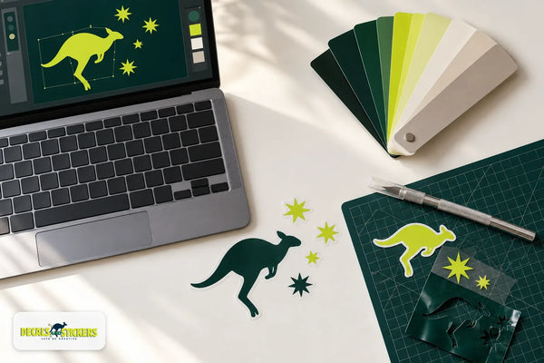 Designer's desk with a laptop showing kangaroo vector artwork, a colour swatch fan, a cutting mat, a craft knife and freshly cut vinyl stickers
