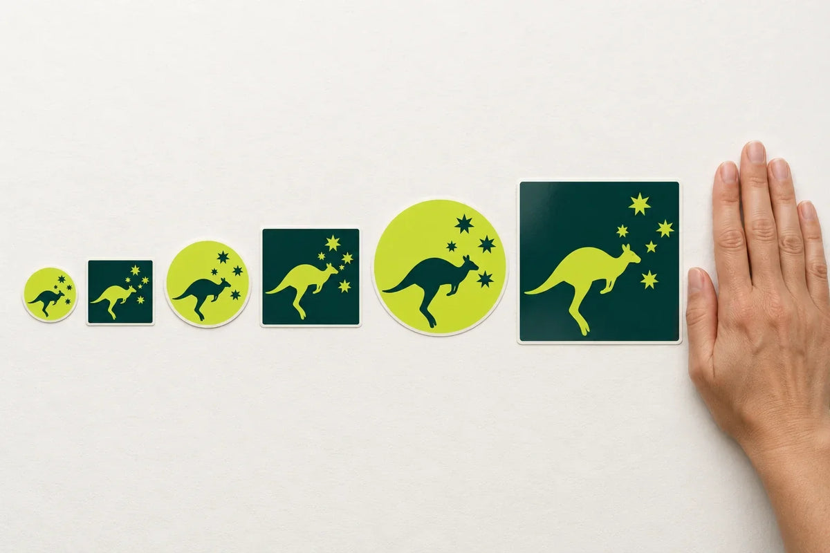 Round and square kangaroo stickers lined up from smallest to largest beside a hand for scale