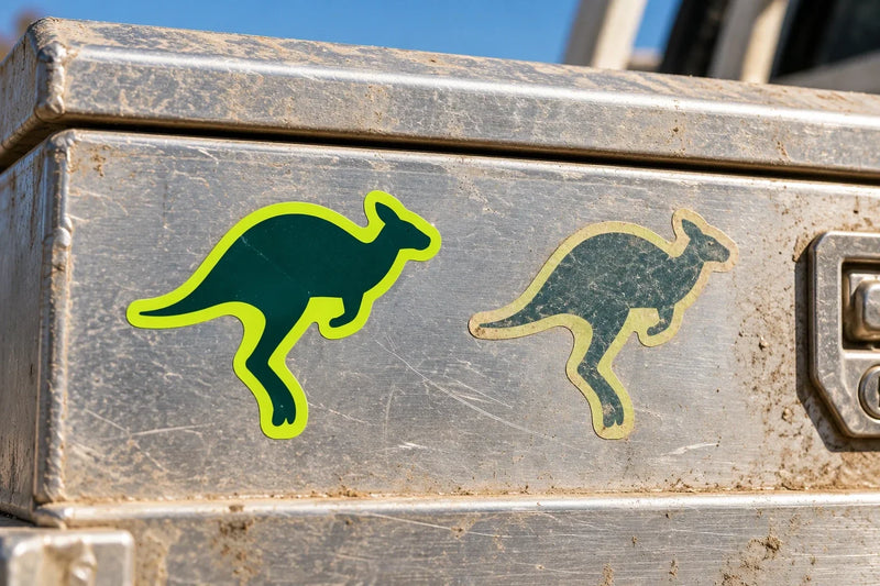 Two kangaroo stickers on an aluminium ute toolbox in bright sun, one crisp and new, the other faded by UV exposure