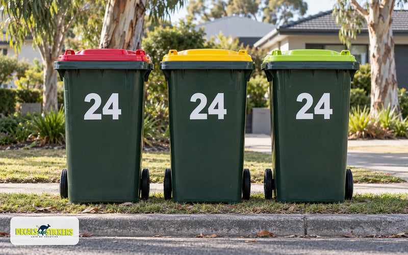 Three wheelie bins with red, yellow and lime green lids at the kerb, each with a large white house number 24 sticker on the front