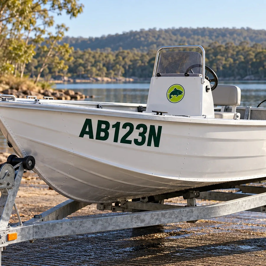 Aluminium boat on a trailer at a boat ramp with a round fishing club sticker on the console and a large registration number on the hull