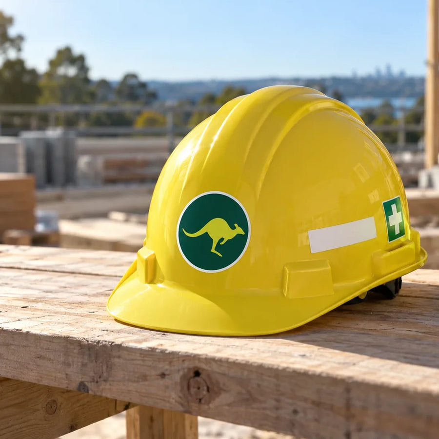 Yellow hard hat with a round kangaroo logo sticker, a white name strip and a green first aid cross sticker